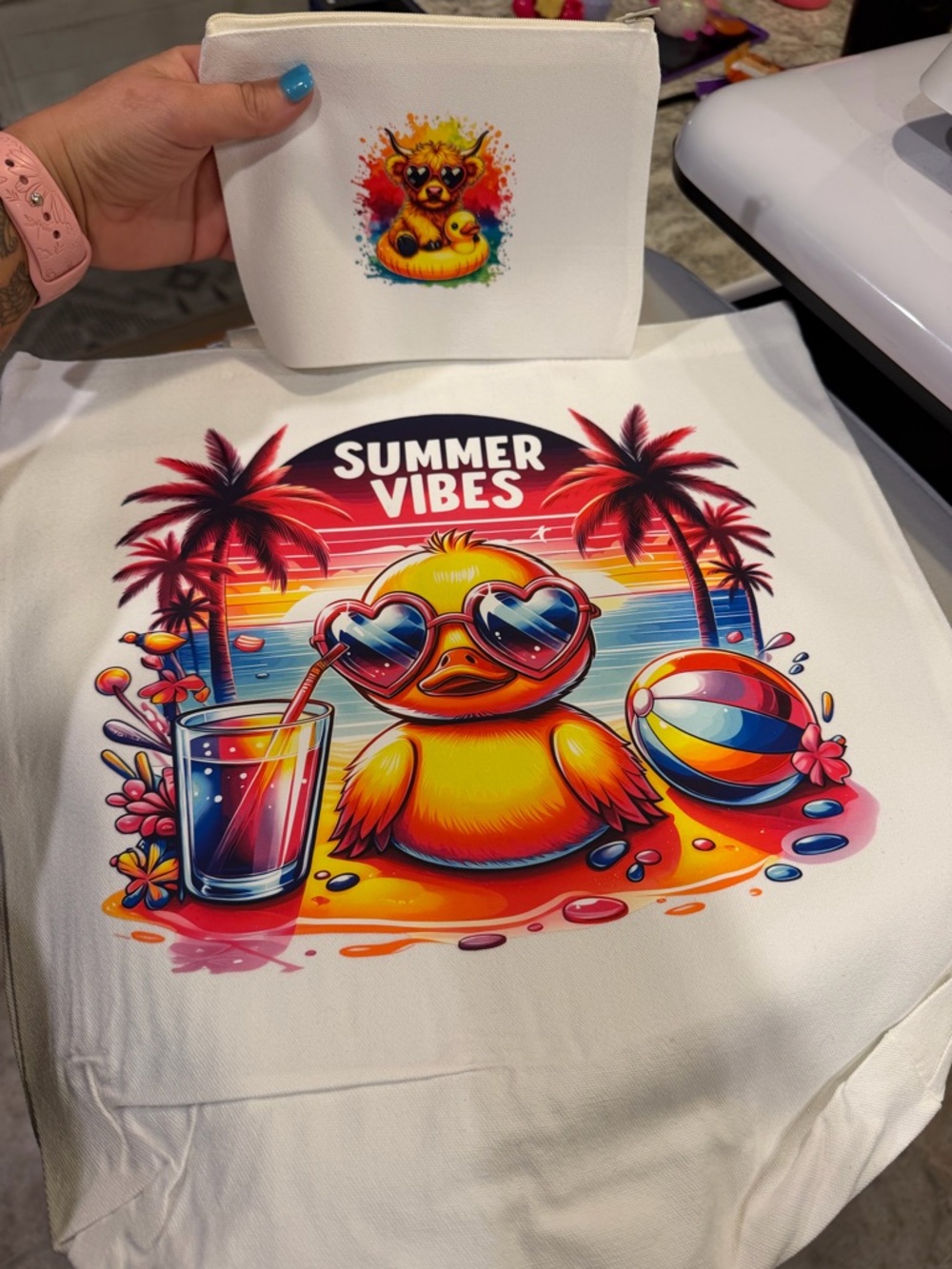 Summer Vibes White Tote Bag with Colorful Duck Print